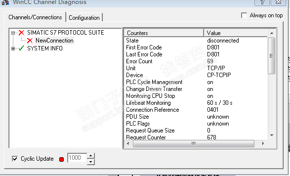 wincc7.0与S7 300使用TCPIP通讯时出现错误代码D801