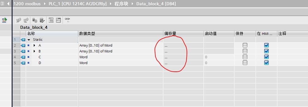 TIA中数据块的偏移量不显示。