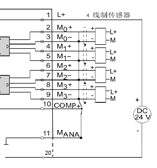 这时我画的模拟量输入模块接线图（4线制），大家帮忙看看