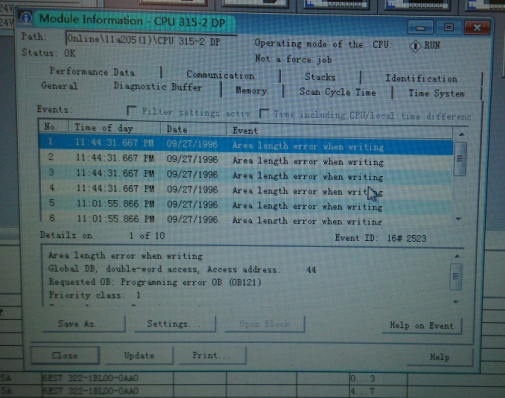 CPU内部诊断信息Area length error when writing