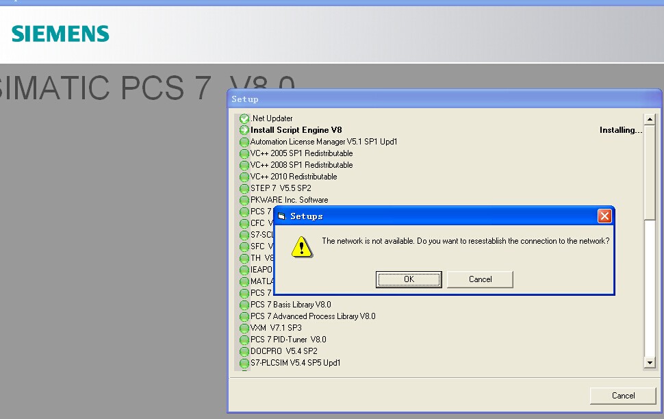 PCS7 V8.0安装时提示the network is not available