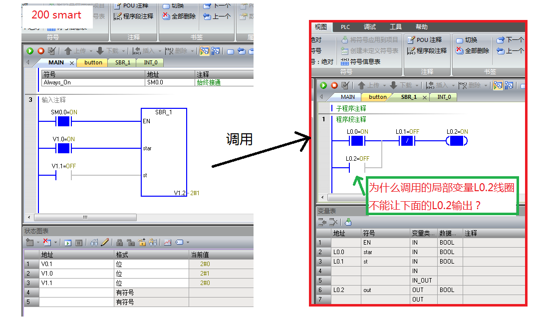 200SMART 调用子程序时，其局部变量不能输出