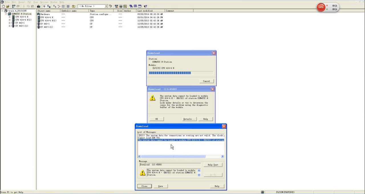 CPU414-4H程序下载到S7-PLCSIM时出错。