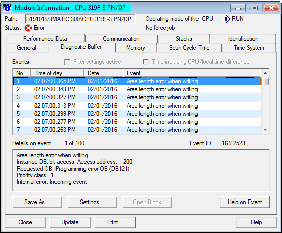 关于CPU诊断Buffer里的Area lengh error when writing。