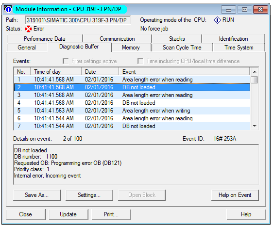 关于CPU诊断Buffer里提示DB not loaded的问题。