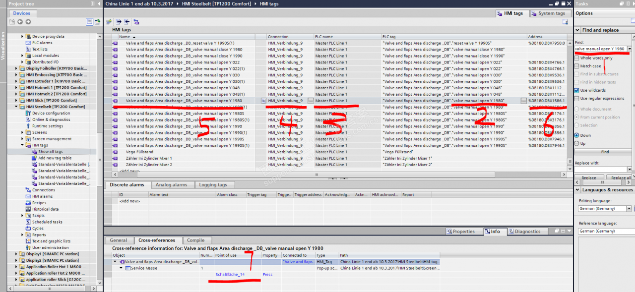 博途软件中 如何从PLC程序中搜索出HMI屏幕中的按钮