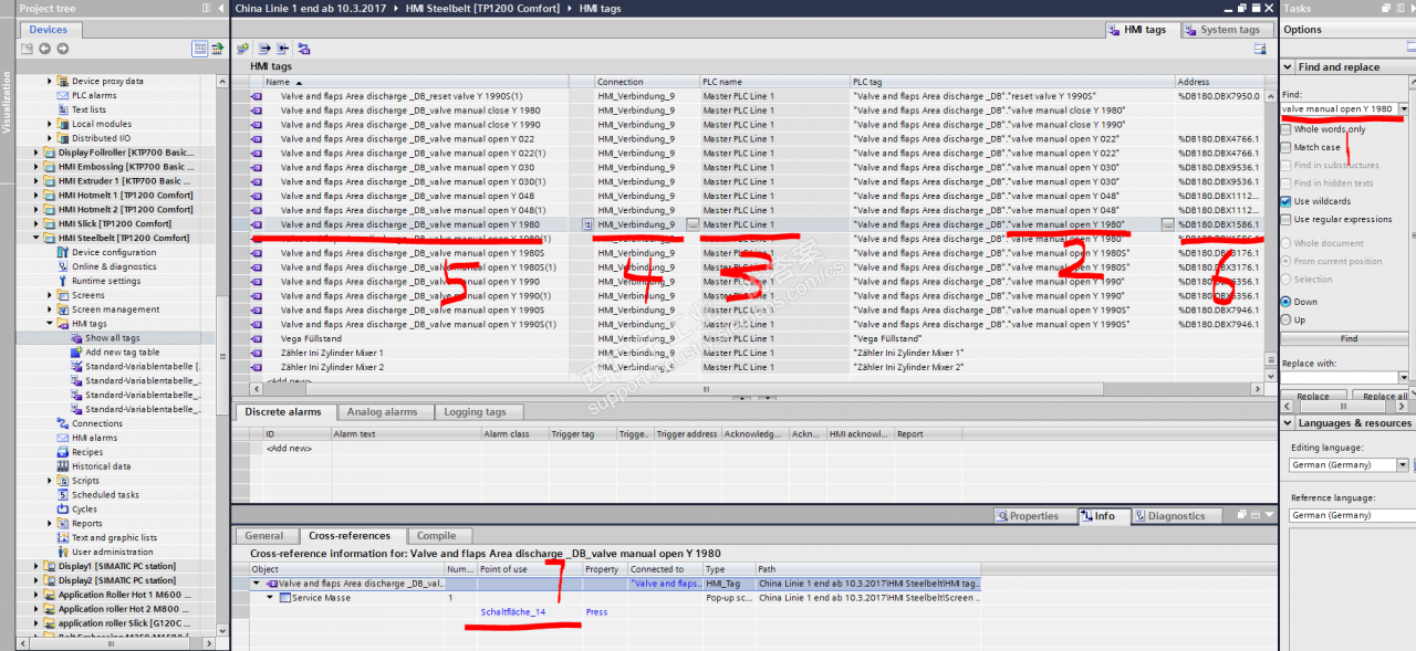 博途软件中 如何从PLC程序中搜索出HMI屏幕中的按钮（再问）